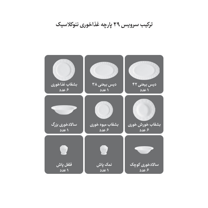 سرویس غذاخوری 29 پارچه چینی زرین ایران سری نئوکلاسیک مدل آرتمیس درجه عالی