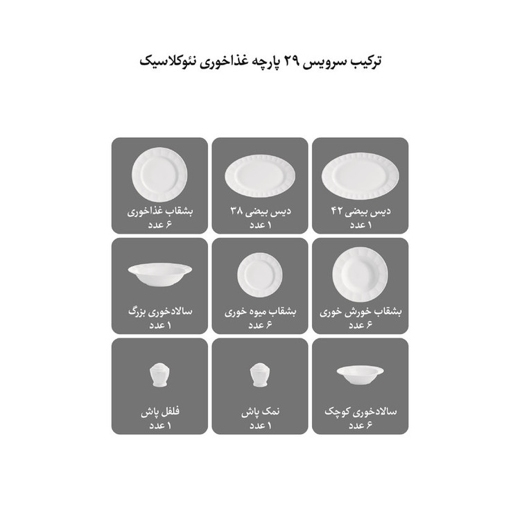 سرویس غذاخوری 29 پارچه چینی زرین ایران سری نئوکلاسیک مدل پاستل صورتی درجه یک